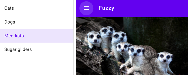 Screenshot of an application that displays a set of animal photos. The application has a top bar with a title ("Fuzzy") and a menu button. A left menu drawer is open, showing a set of options.
